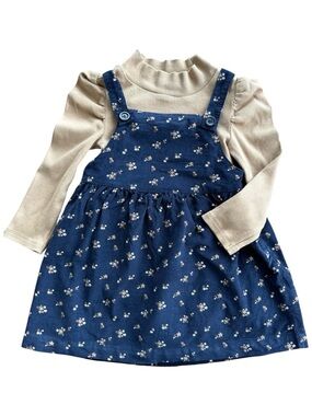 babyGAP Floral Beige Navy Sweater Overall Dress Set Girls Size 3T